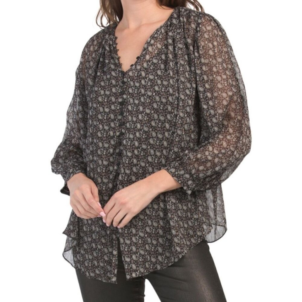 NWT ZARA Sheer Paisley Button Front Top Black XS